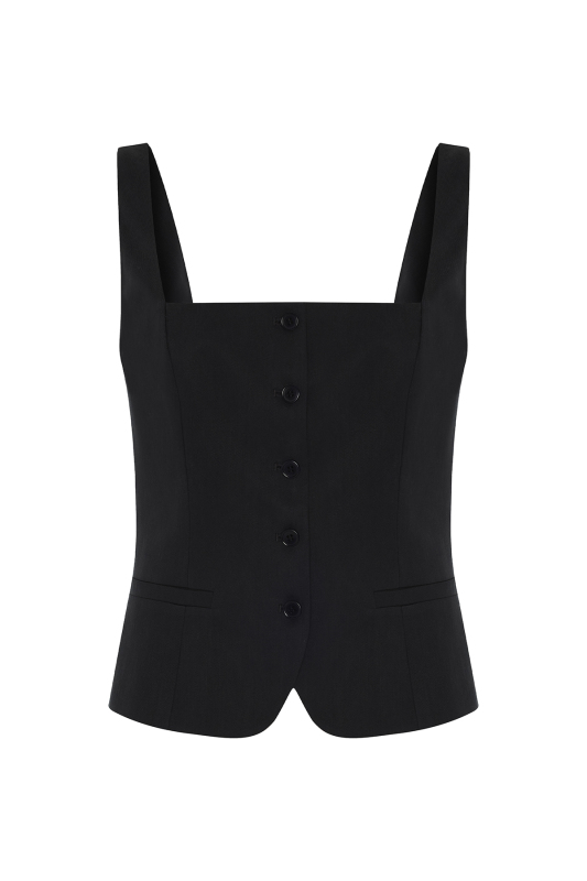 Kare Yaka Önden Düğmeli Fit Yelek Lacivert - Roman