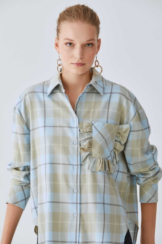  Kareli Cepleri Fırfırlı Gömlek Mavi - 3