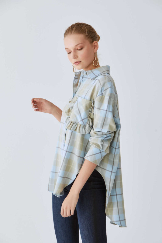  Kareli Cepleri Fırfırlı Gömlek Mavi - 4