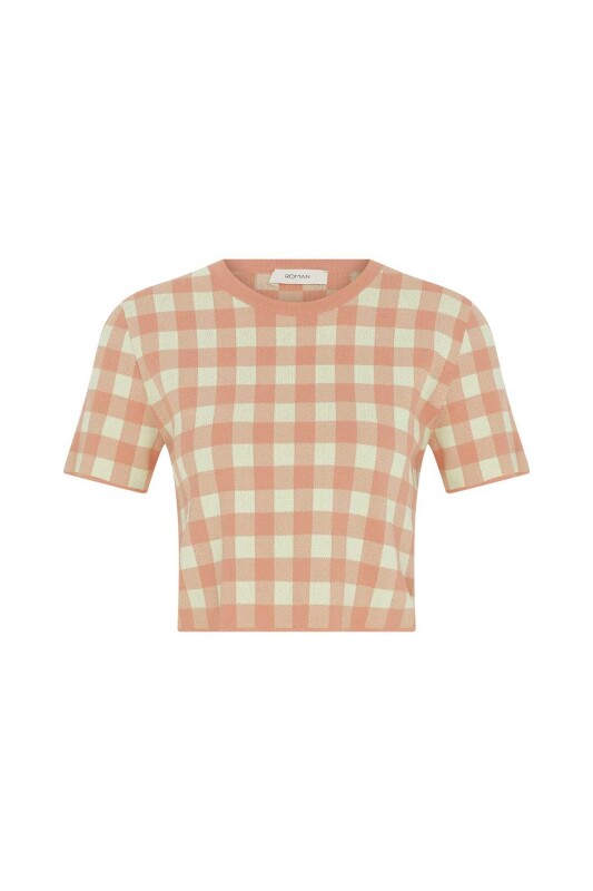 Kareli Kısa Kollu Desenli Triko Standart Renk - 4