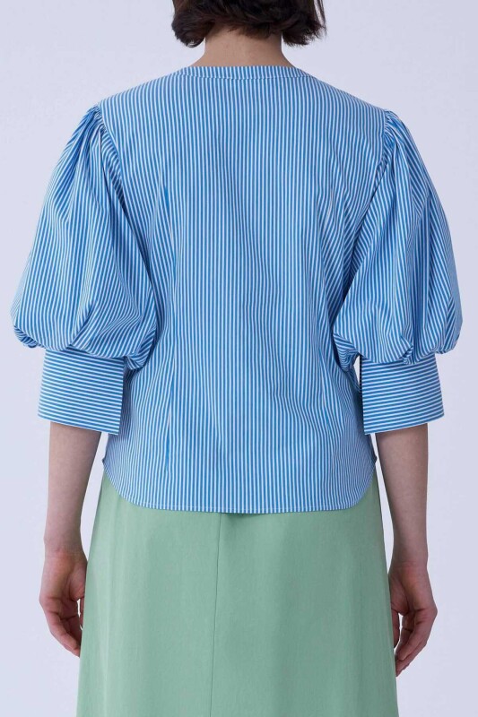 Karpuz Kol Mavi Kadın Çizgili Gömlek Mavi - Beyaz - 2