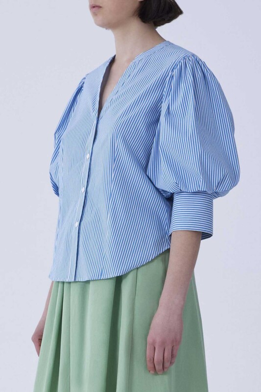 Karpuz Kol Mavi Kadın Çizgili Gömlek Mavi - Beyaz - 3