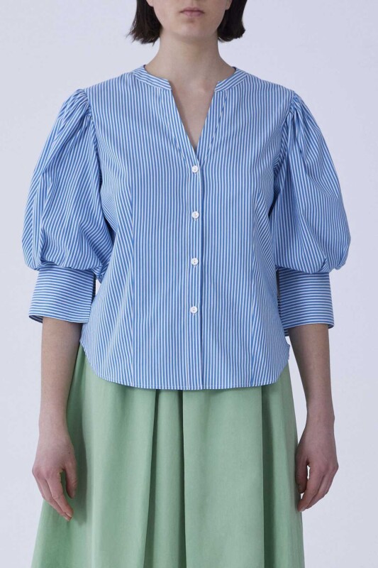 Karpuz Kol Mavi Kadın Çizgili Gömlek Mavi - Beyaz - 1