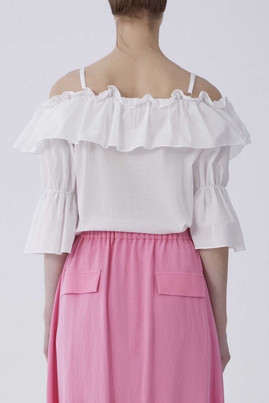 Kayık Yaka Fırfırlı Bluz Beyaz - 2