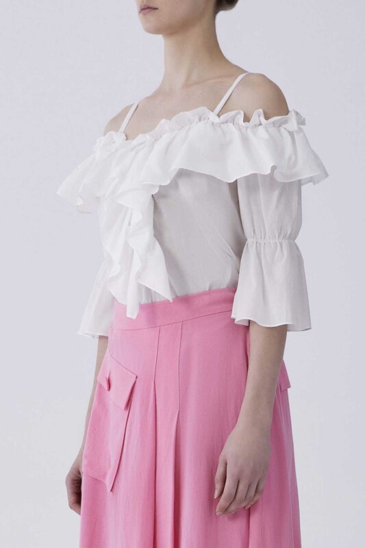 Kayık Yaka Fırfırlı Bluz Beyaz - 3