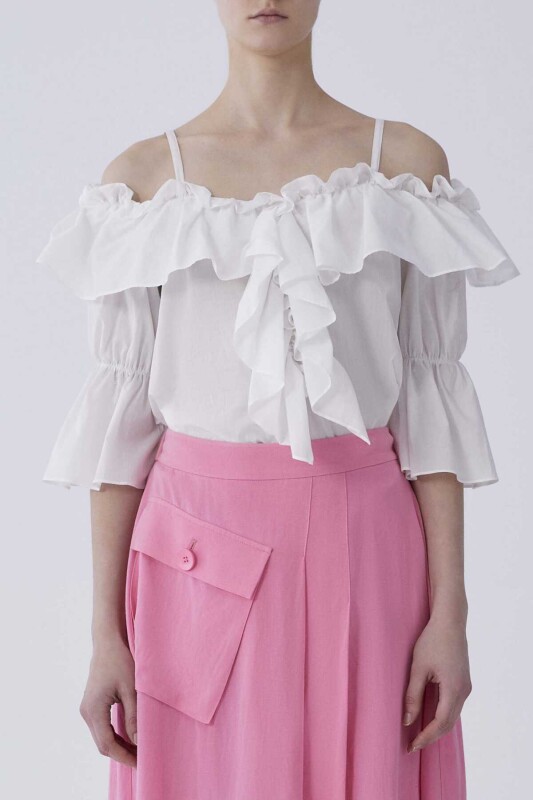 Kayık Yaka Fırfırlı Bluz Beyaz - 1