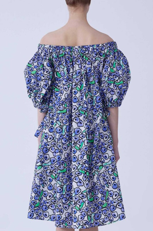 Kayık Yaka Karpuz Kol Floral Desen Elbise Standart Renk - 2