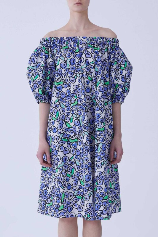 Kayık Yaka Karpuz Kol Floral Desen Elbise Standart Renk - 1