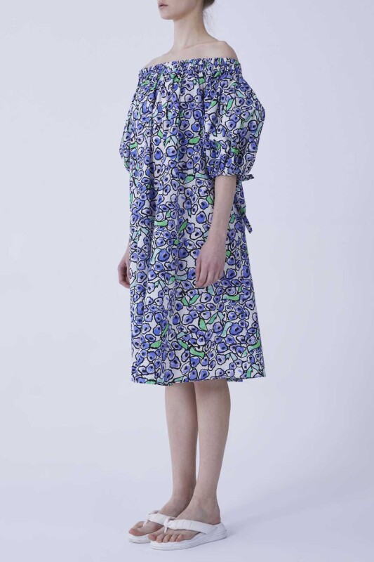 Kayık Yaka Karpuz Kol Floral Desen Elbise Standart Renk - 3