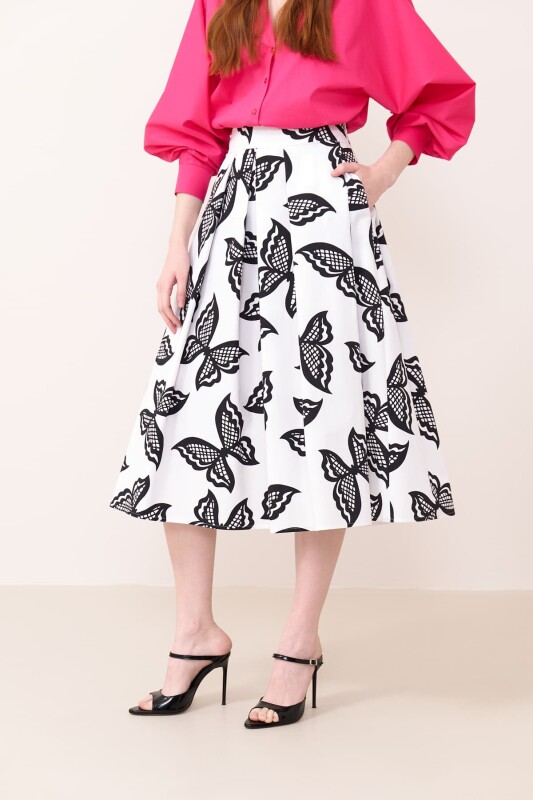 Kelebek Desenli Pileli Midi Boy Poplin Etek Siyah-Beyaz - 3