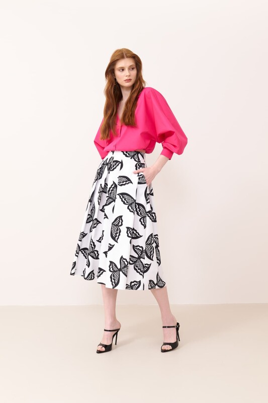 Kelebek Desenli Pileli Midi Boy Poplin Etek Siyah-Beyaz - 1