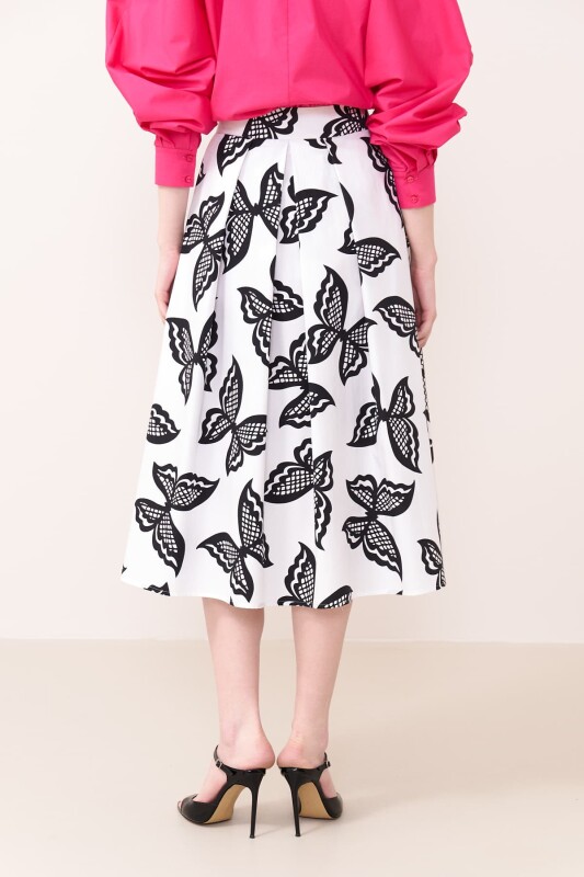 Kelebek Desenli Pileli Midi Boy Poplin Etek Siyah-Beyaz - 2