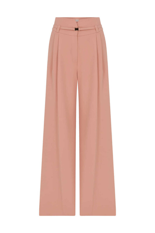  Kemer Detaylı Geniş Paça Kadın Pantolon Pudra - 1