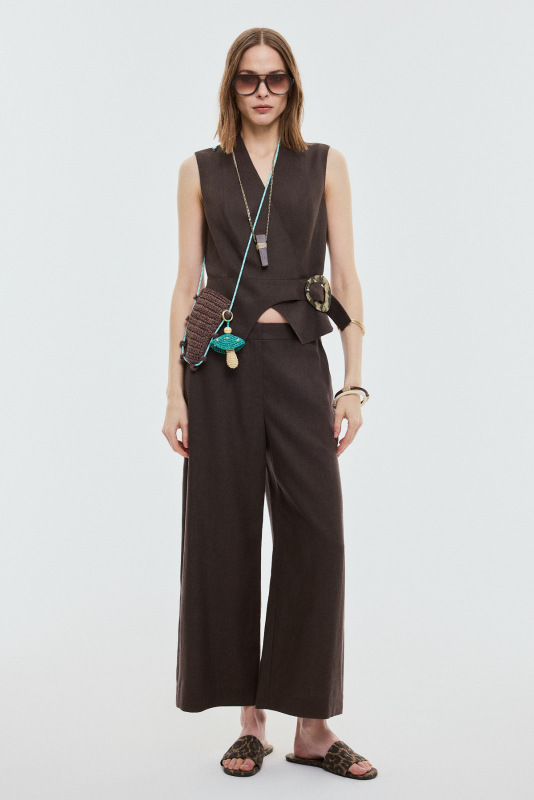 Kemer Detaylı Kruvaze Keten Yelek Kahve - 5