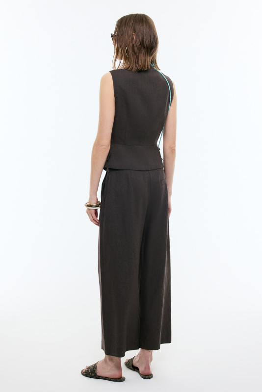 Kemer Detaylı Kruvaze Keten Yelek Kahve - Roman (1)