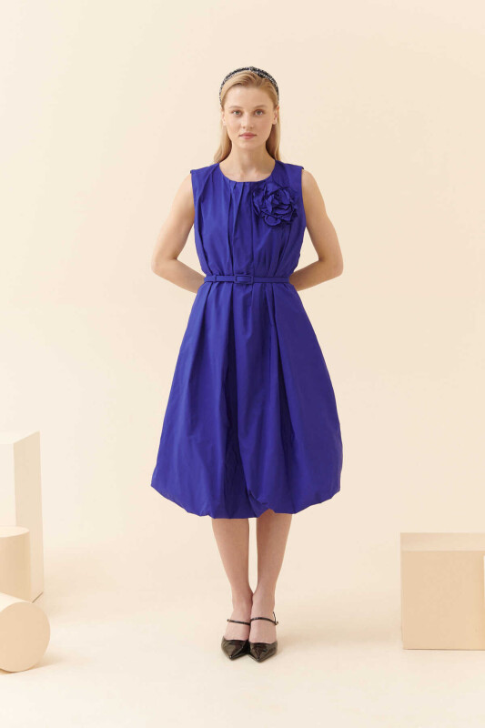  Kemer Ve Broş Detaylı Tafta Abiye Elbise Saks - 1