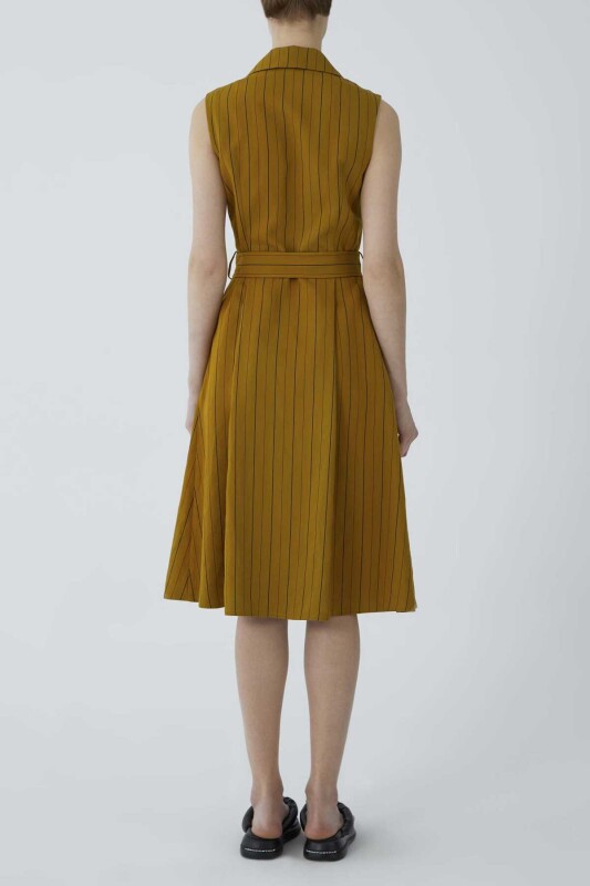 Kemerli Askılı Siyah Çizgili Günlük Elbise Hardal - 2