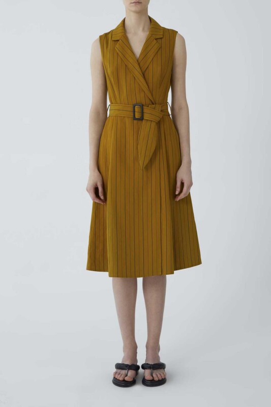 Kemerli Askılı Siyah Çizgili Günlük Elbise Hardal - 1