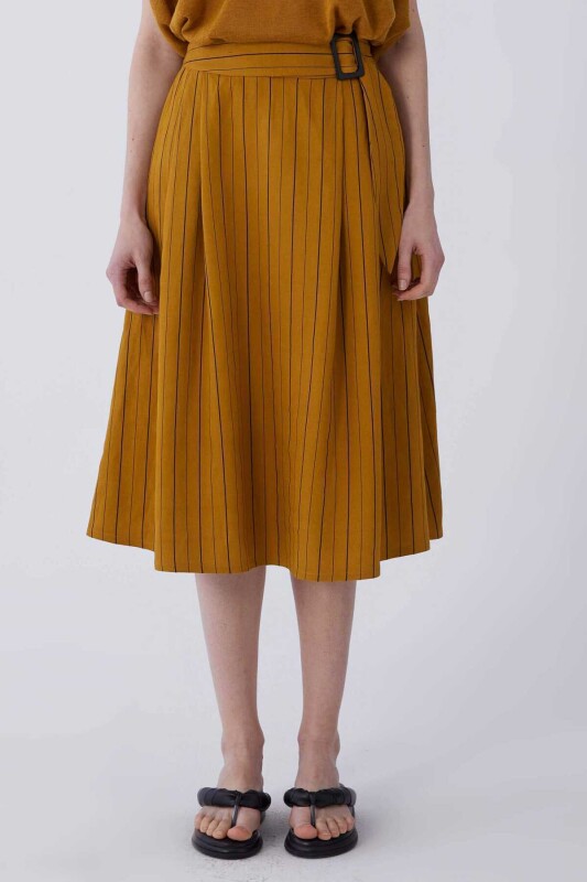 Kemerli Çizgili Uzun Etek Hardal - 1