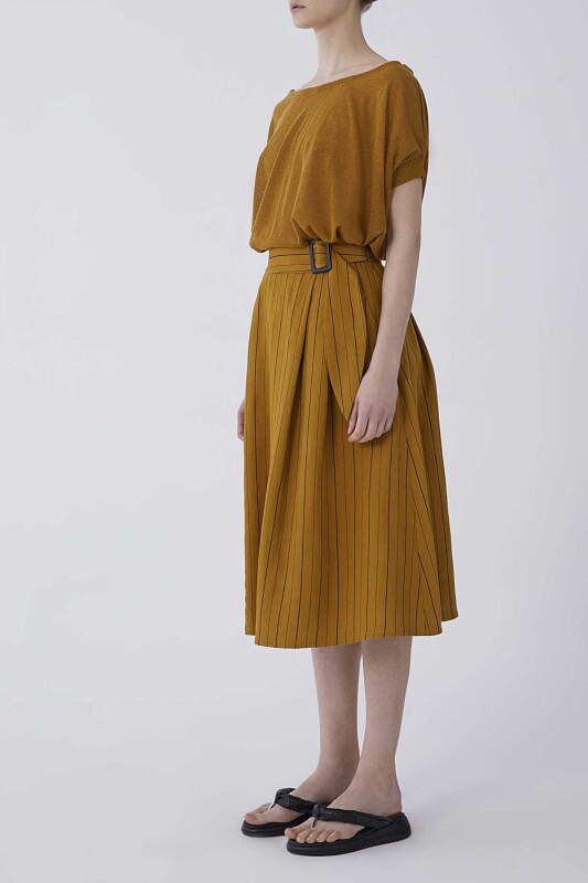 Kemerli Çizgili Uzun Etek Hardal - 3