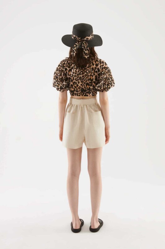 Kemerli Kadın Şort Bej - 2