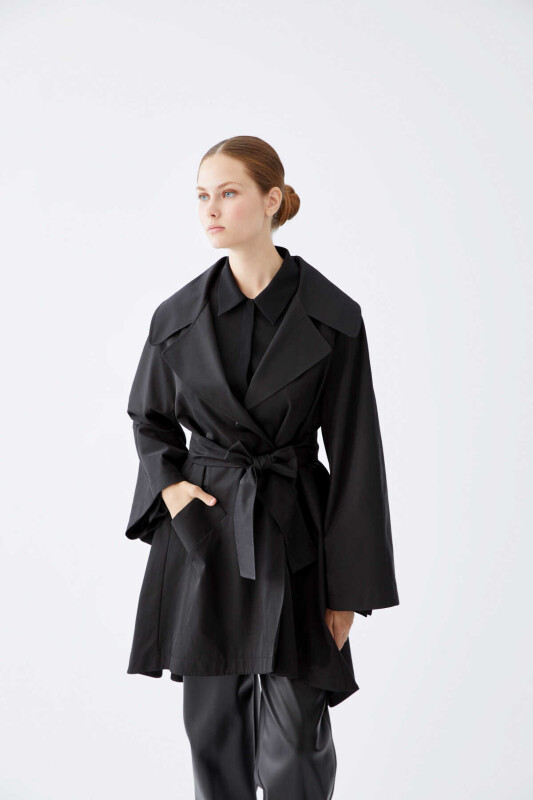  Kemerli Kadın Trençkot Siyah - 1