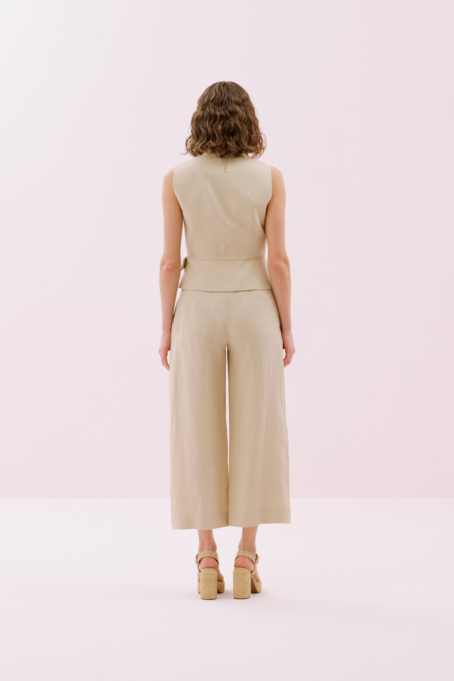 Kemerli Kruvaze Keten Yelek Bej - 2