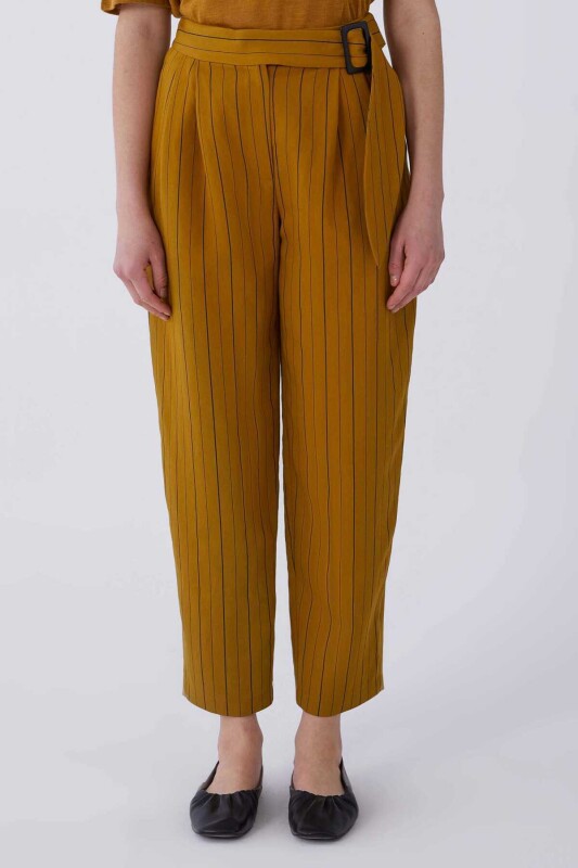 Kemerli Siyah Çizgili Pantolon Hardal - 1