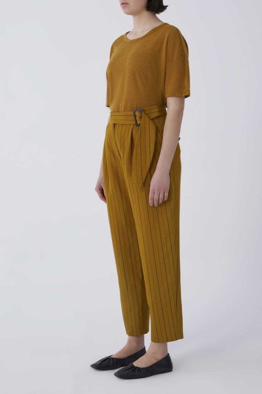 Kemerli Siyah Çizgili Pantolon Hardal - 3