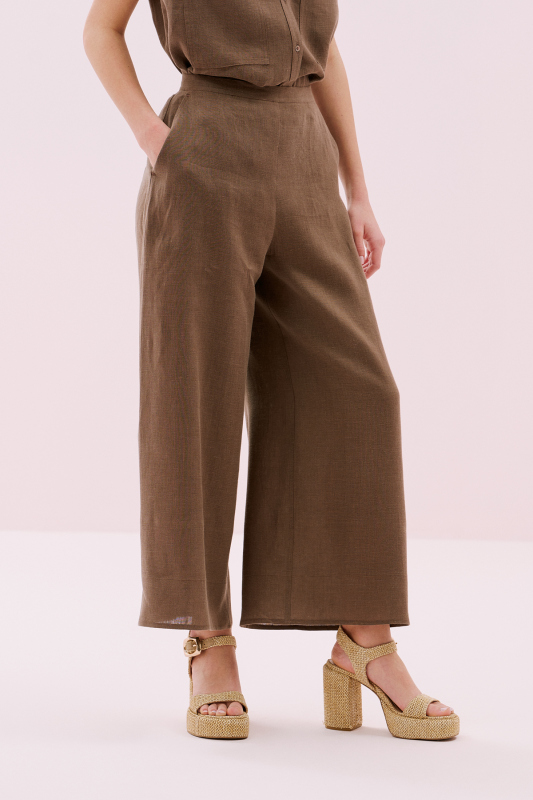 Keten Geniş Paça Pantolon Kahve - 3