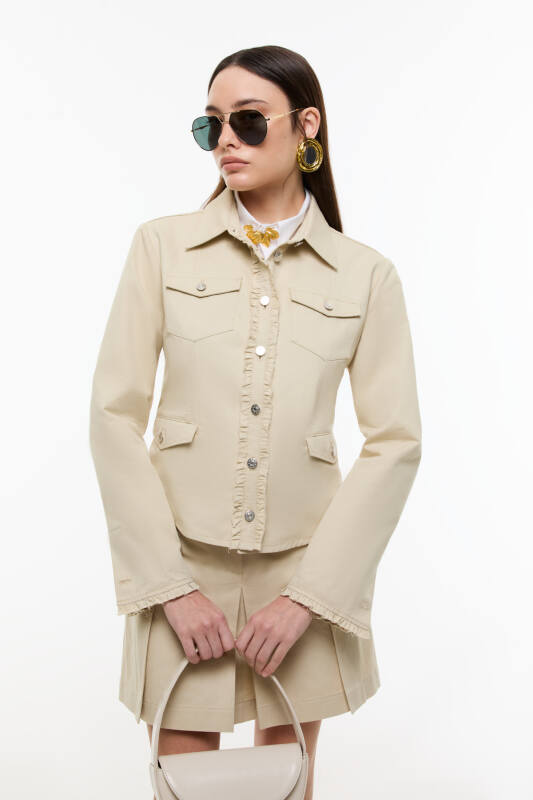 Keten Karışımlı Metal Düğmeli Fit Ceket Bej - Roman