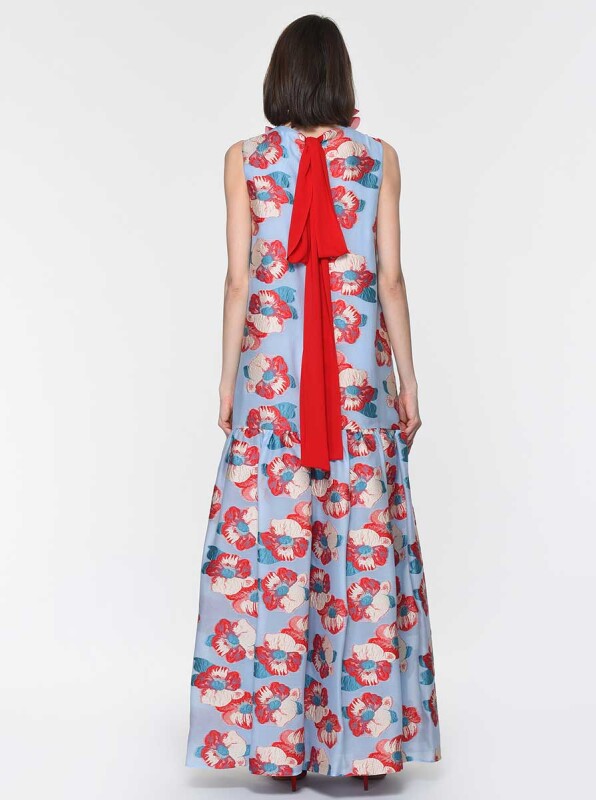 Kırmızı Çiçekli Uzun Elbise Standart Renk - 2