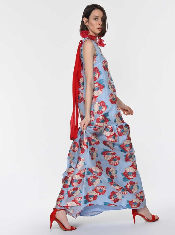 Kırmızı Çiçekli Uzun Elbise Standart Renk - 4