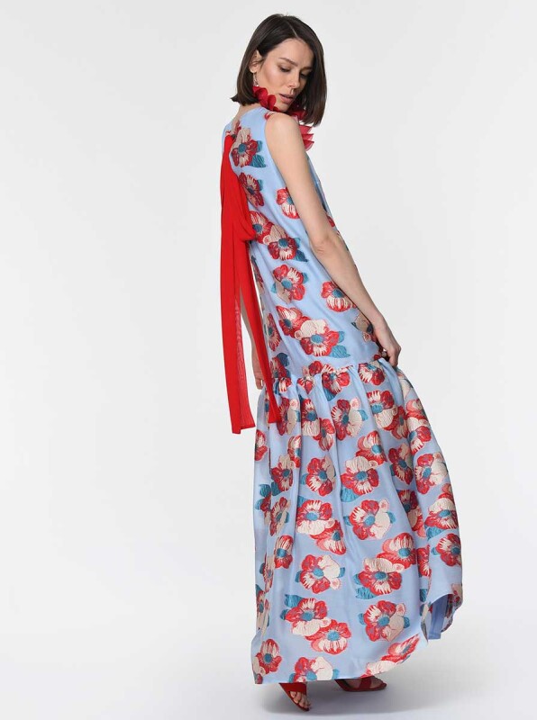 Kırmızı Çiçekli Uzun Elbise Standart Renk - 3