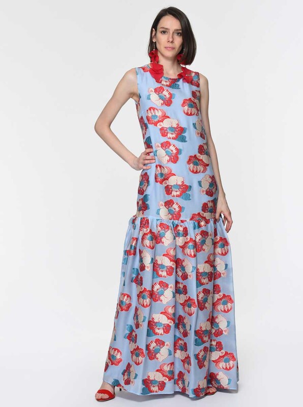 Kırmızı Çiçekli Uzun Elbise Standart Renk - 1