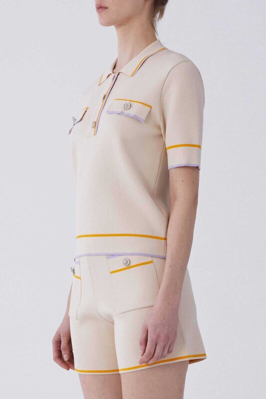 Kısa Kol Düğmeli Çizgi Detaylı Triko Standart Renk - 3