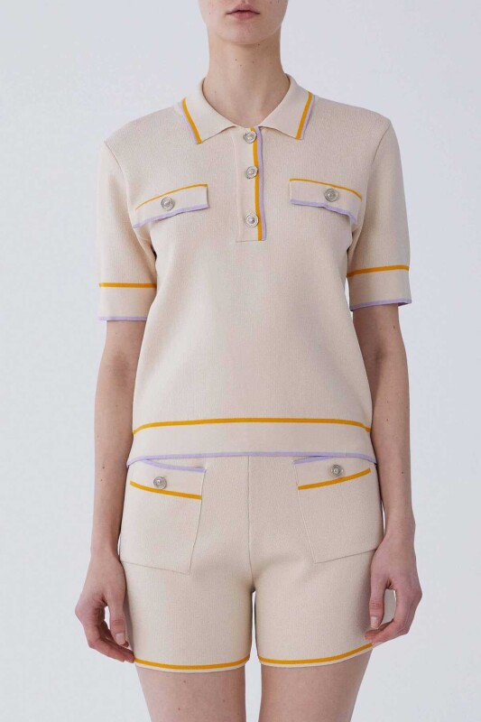 Kısa Kol Düğmeli Çizgi Detaylı Triko Standart Renk - 1