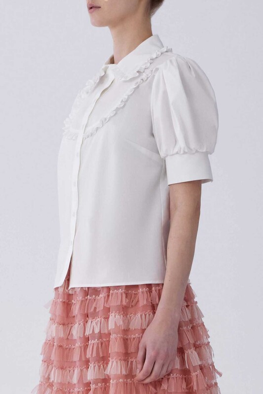 Kısa Kol Fırfır Detaylı Gömlek Beyaz - 3