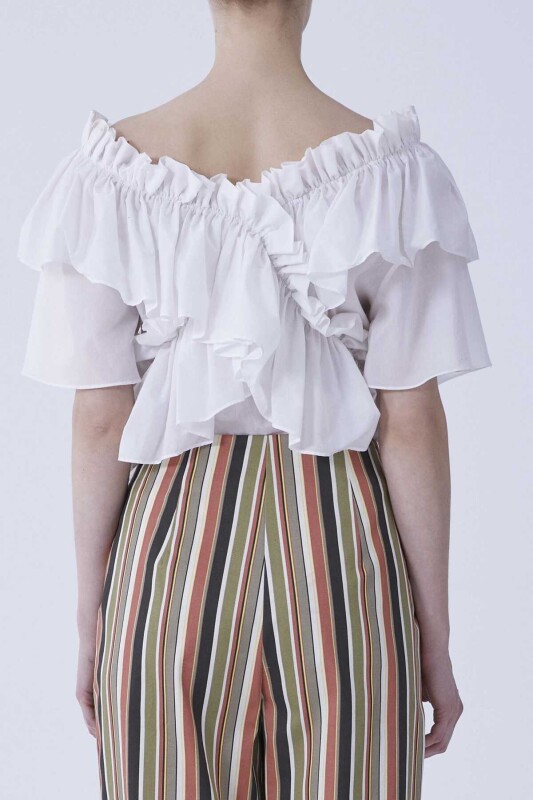 Kısa Kol Fırfırlı Bluz Beyaz - 2