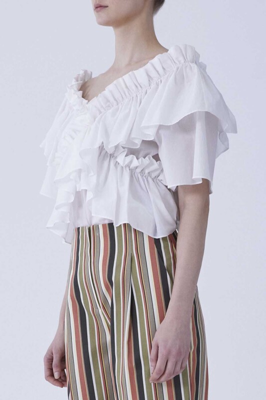 Kısa Kol Fırfırlı Bluz Beyaz - 3