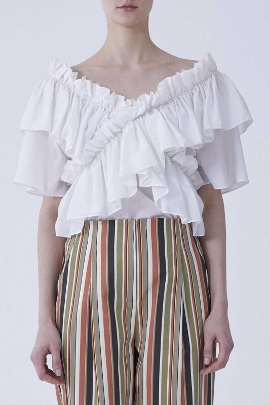 Kısa Kol Fırfırlı Bluz Beyaz - 1