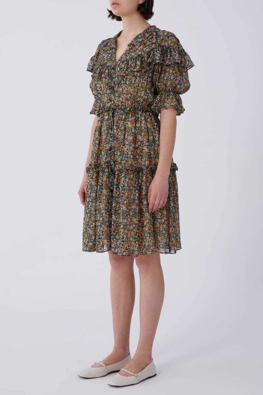 Kısa Kol Fırfırlı Çiçekli Mini Elbise Standart Renk - 3