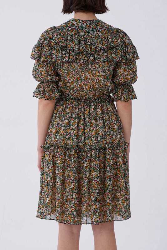 Kısa Kol Fırfırlı Çiçekli Mini Elbise Standart Renk - 2