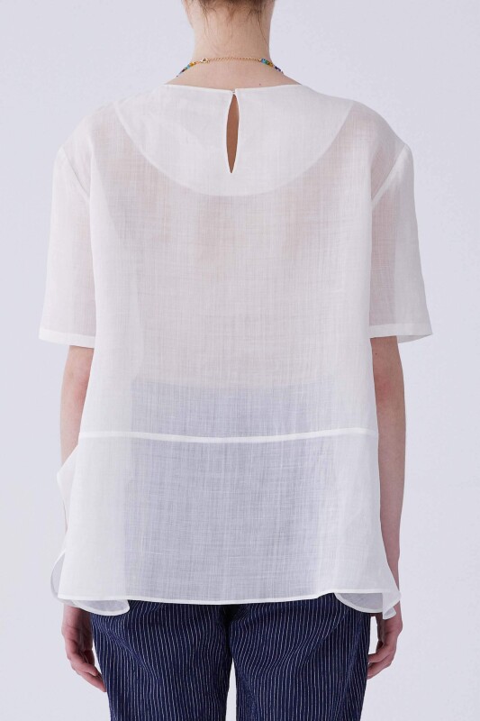 Kısa Kol Keten Bluz Beyaz - 2