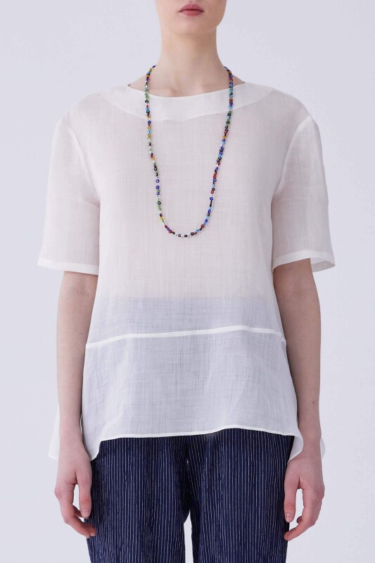 Kısa Kol Keten Bluz Beyaz - 1