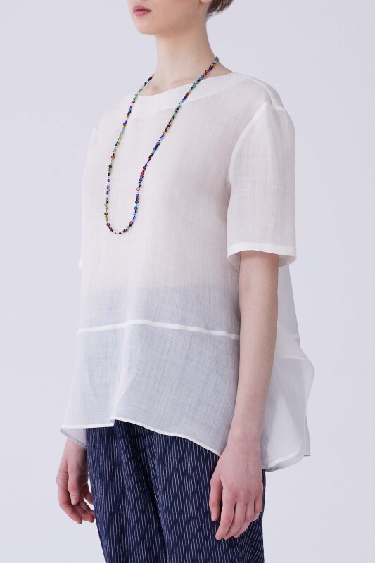 Kısa Kol Keten Bluz Beyaz - 3