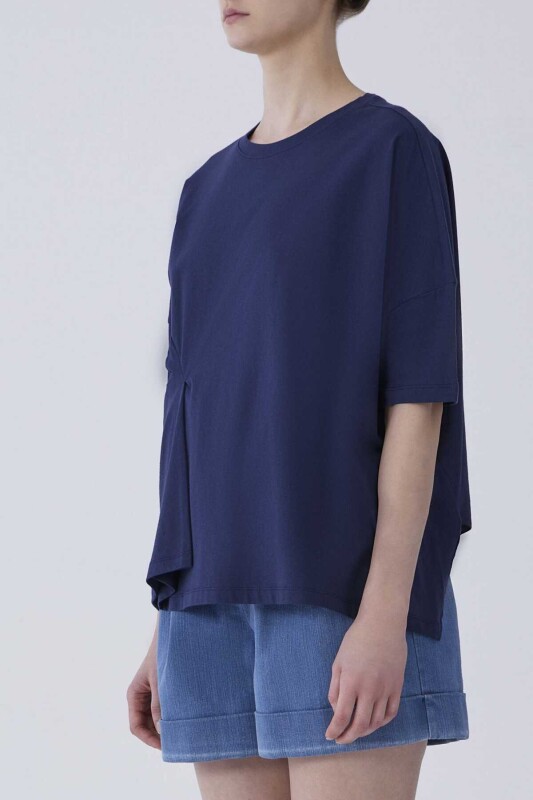 Kısa Kol Ön Detaylı Tişört Lacivert - 3