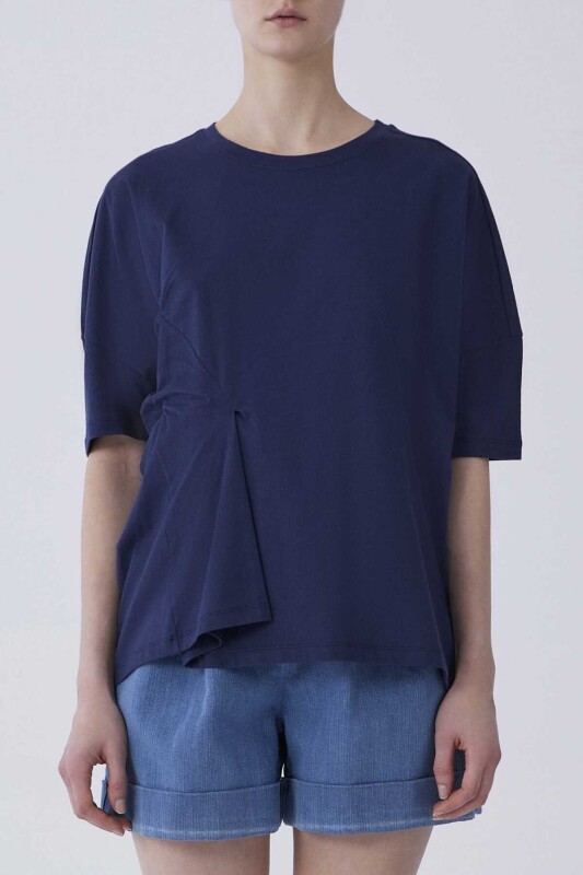 Kısa Kol Ön Detaylı Tişört Lacivert 