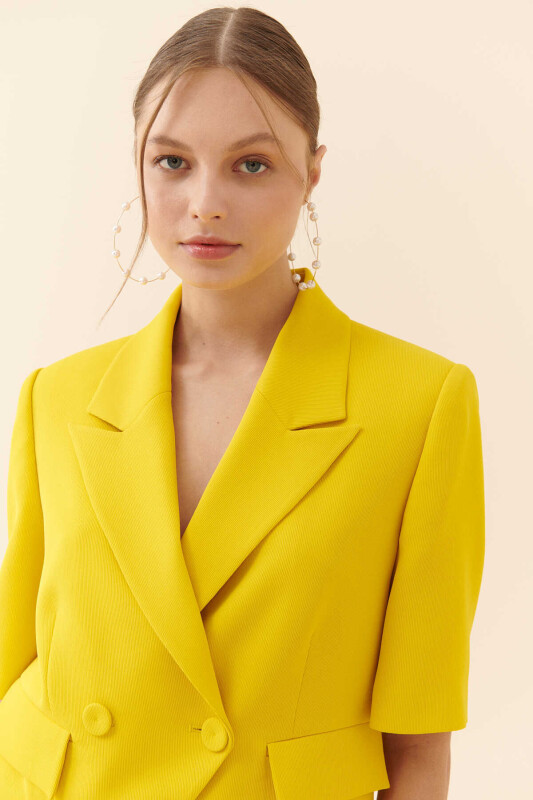  Kısa Kollu Mini Krep Kadın Ceket Sarı - 3