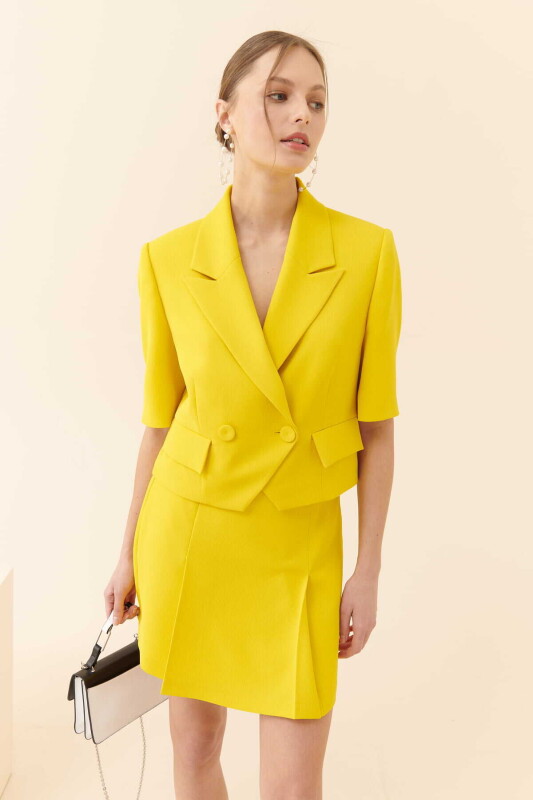  Kısa Kollu Mini Krep Kadın Ceket Sarı - 1